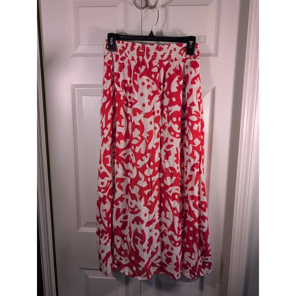 The Odells Red/White Abstract A-Line Midi Skirt Pockets size S EUC